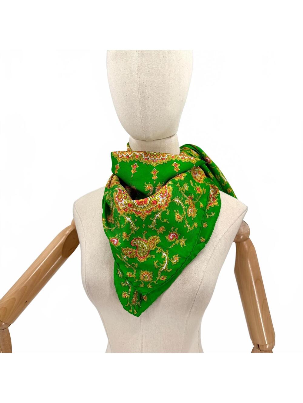 Vintage 70s Kelly Green Yellow Paisley Scarf